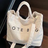 Image 14 of Women's Fashion Solid Color Corduroy Large Capacity Tote Bag, Letter Pattern with Contrast Design Ad