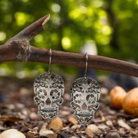 Image 3 of Gothic Black Spider Web Skull Dangle Earrings - Hollow Design Trio Set