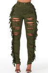 High Rise Denim Heavy Frayed Front & Back Jeans Olive Green 