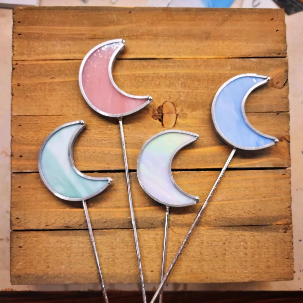 Image of Moon plant stake Set- stained glass