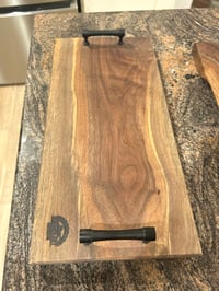 Image 1 of square edge serving board walnut 18”x10” nickel or black handles