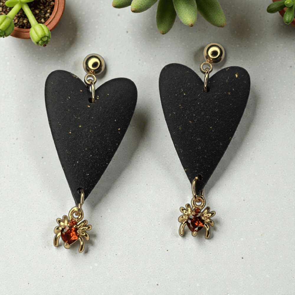 Image of Black Heart Spider Earrings