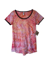 Image 2 of ♻️ UPCYCLED XXS Lularoe Ringer Tee in Peachy Spiral Ice Dye