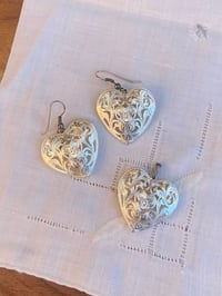 Vintage Silver Heart Pendant & Earring Set