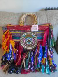 Image 8 of Frill sari tote beach bag bamboo Handles no two the same