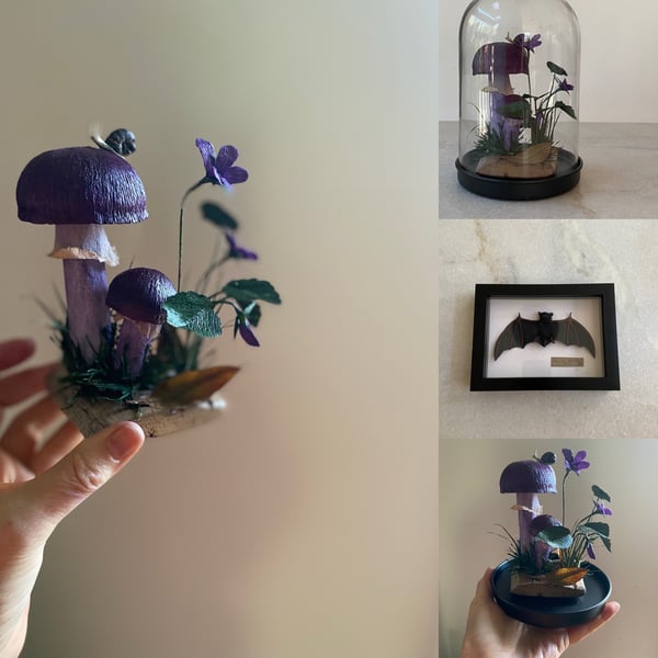 Image of Snezana’s order. Purple mushroom cloche and Goulds wattled bat