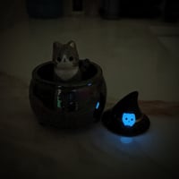 Image 11 of Glow in dark gray tabby cat in witch brew cauldron ceramic keepsake (rainbow effect)