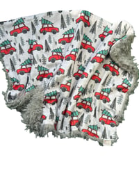 Image 4 of Holiday Red Trucks and Pine Trees Infant Car Seat Blanket