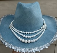 Image 1 of Blue Denim Cowboy Hat Layered Pearl and Crystal Band 