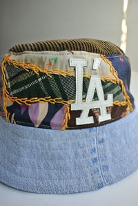Image 2 of Reworked LÁ Reversible Bucket Hat Quilt Denim Medium 23" 7 1/4