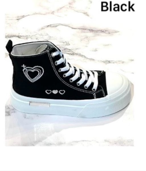 Image of Black Ankle Pumps With Heart Detail 