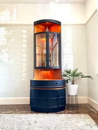 Image 1 of Tall, Mid Century, Curved Corner Drinks Cabinet unit with light in Black and Teak - by Nathan