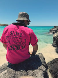 Image 1 of Embroidered Bowling Shirt in Pink and Black