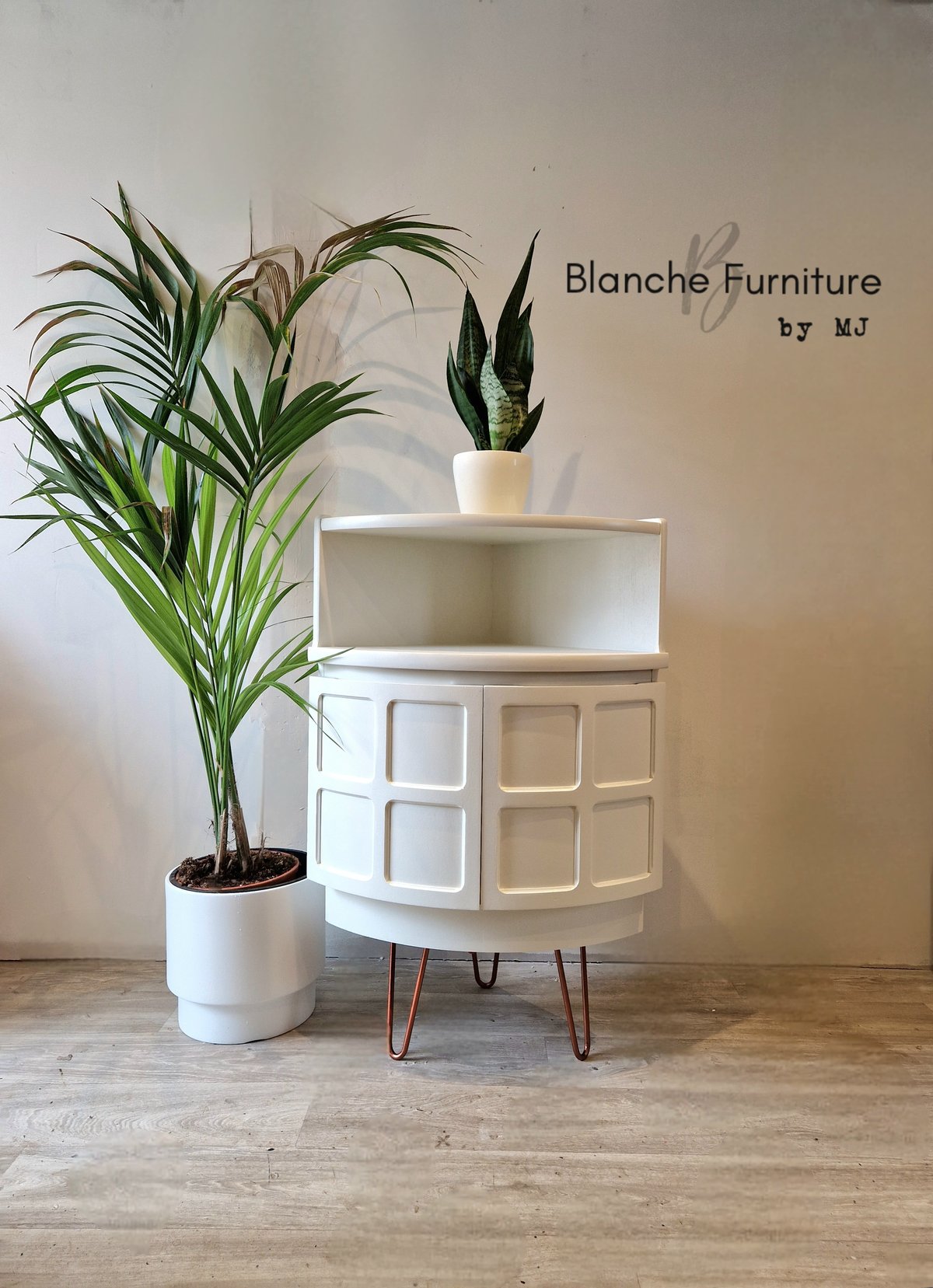 Image of Nathan Corner Drinks Cabinet in white on Copper hairpin legs - Available Now