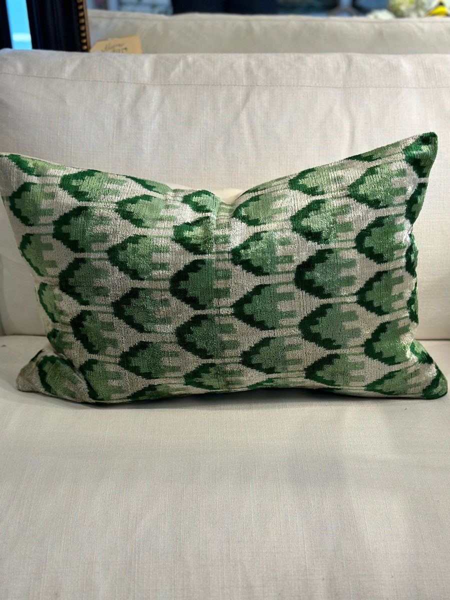 Image of Ikat Velvet Cushion with Green Detailing 