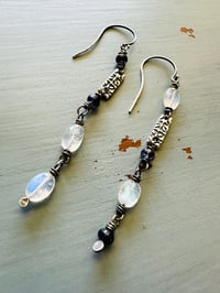 Image 6 of asymmetrical iolite and rainbow moonstone dangle earrings