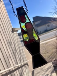 Image 2 of Stained Glass Lava Lamp Suncatcher - Deep Red & Mint Confetti Glass Retro Handmade Art