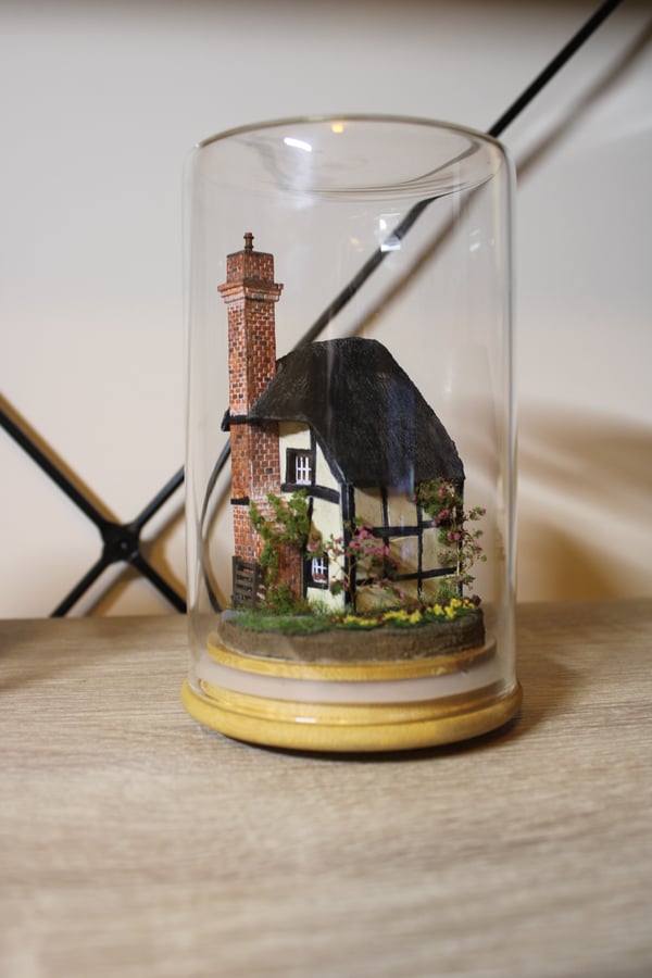 Image of Dioram Art Piece Classic British black and white cottage jar time capsule 