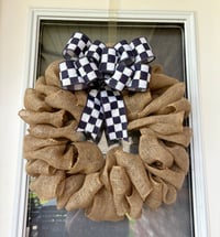 Image 3 of Burlap Farmhouse Door Decor Wreath with Black & White Checker Bow