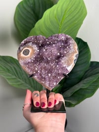 Image 1 of AGATE X AMETHYST STALACTITE HEART ON CUSTOM STAND -URUGUAY- F