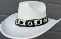 Image 2 of White Cowboy Hat Black & White Crocheted, Pearl and Chain Band