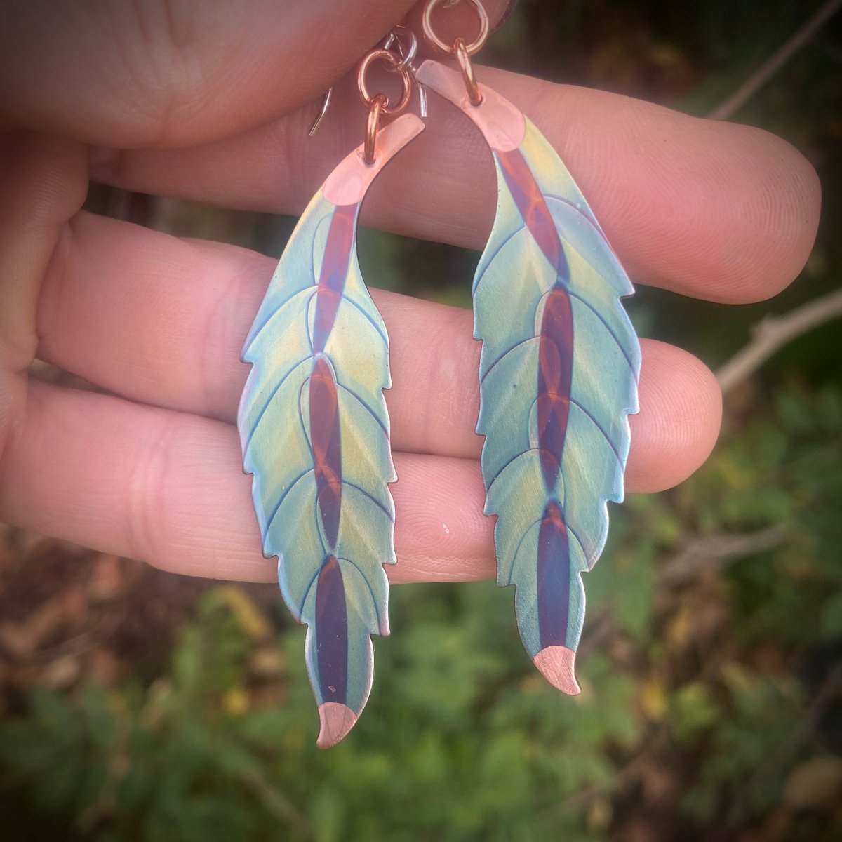 Flame Painted Copper Feather Earrings