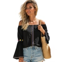 Image 1 of Pitusa Off The Shoulder Black Pom Pom Bell Sleeve Top - One Size Festival Boho