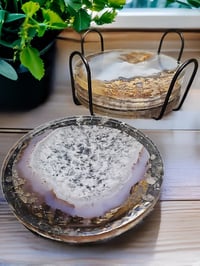Image 3 of Set of 4 Agate & Clear Quartz Healing Crystal Resin Coasters With Holder 'The Alchemy'