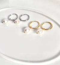 Image 3 of Pearl Hoop Huggie Earrings