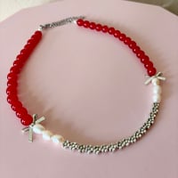 Image 1 of Red Glass, Pearl and Flowers One of a Kind Necklace