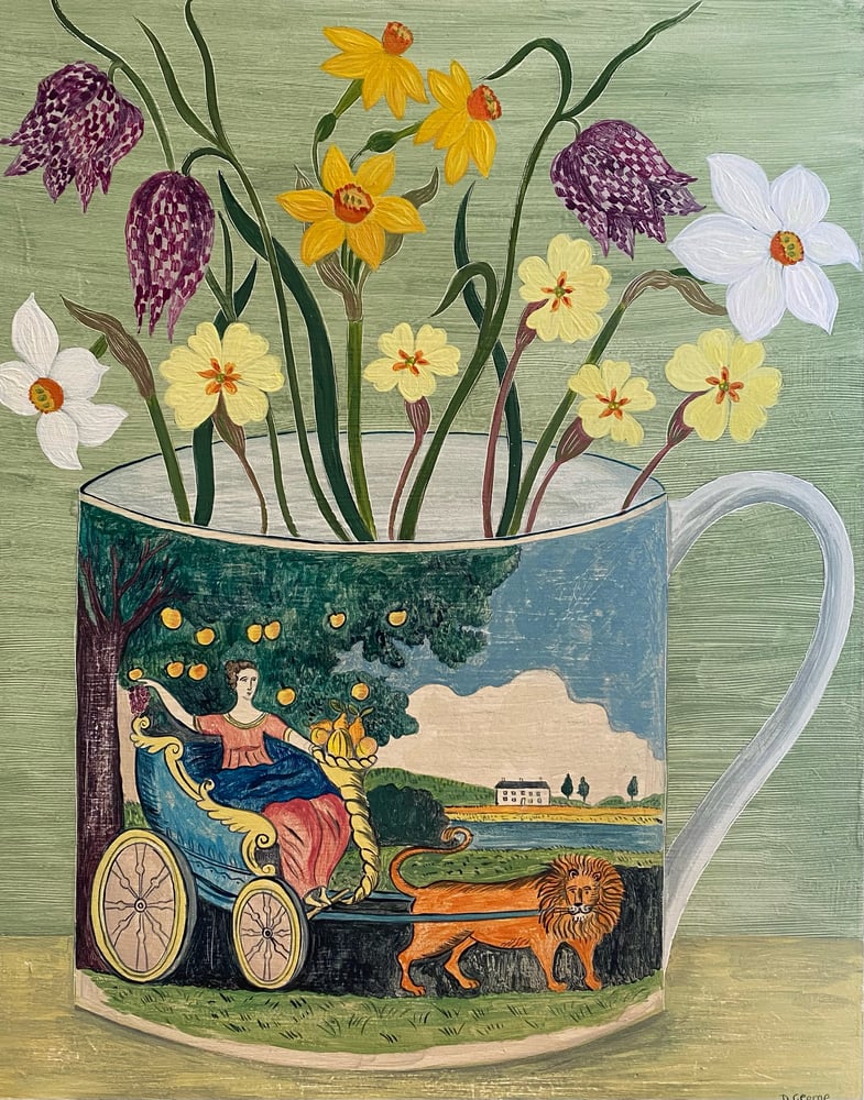 Image of Lion cup and spring flowers Print 