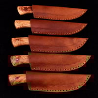 Image 4 of Set of 5 Handmade Damascus Steel Skinner Knives with Olive Wood Handles & Cowhide Leather Sheaths