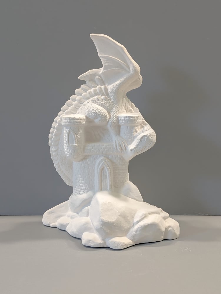 Image of Ceramic Bisque Dragon on Castle Ready to Paint 8" inches in Height