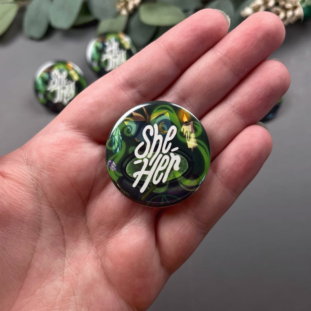 Witchy Pronouns Button / Green Version