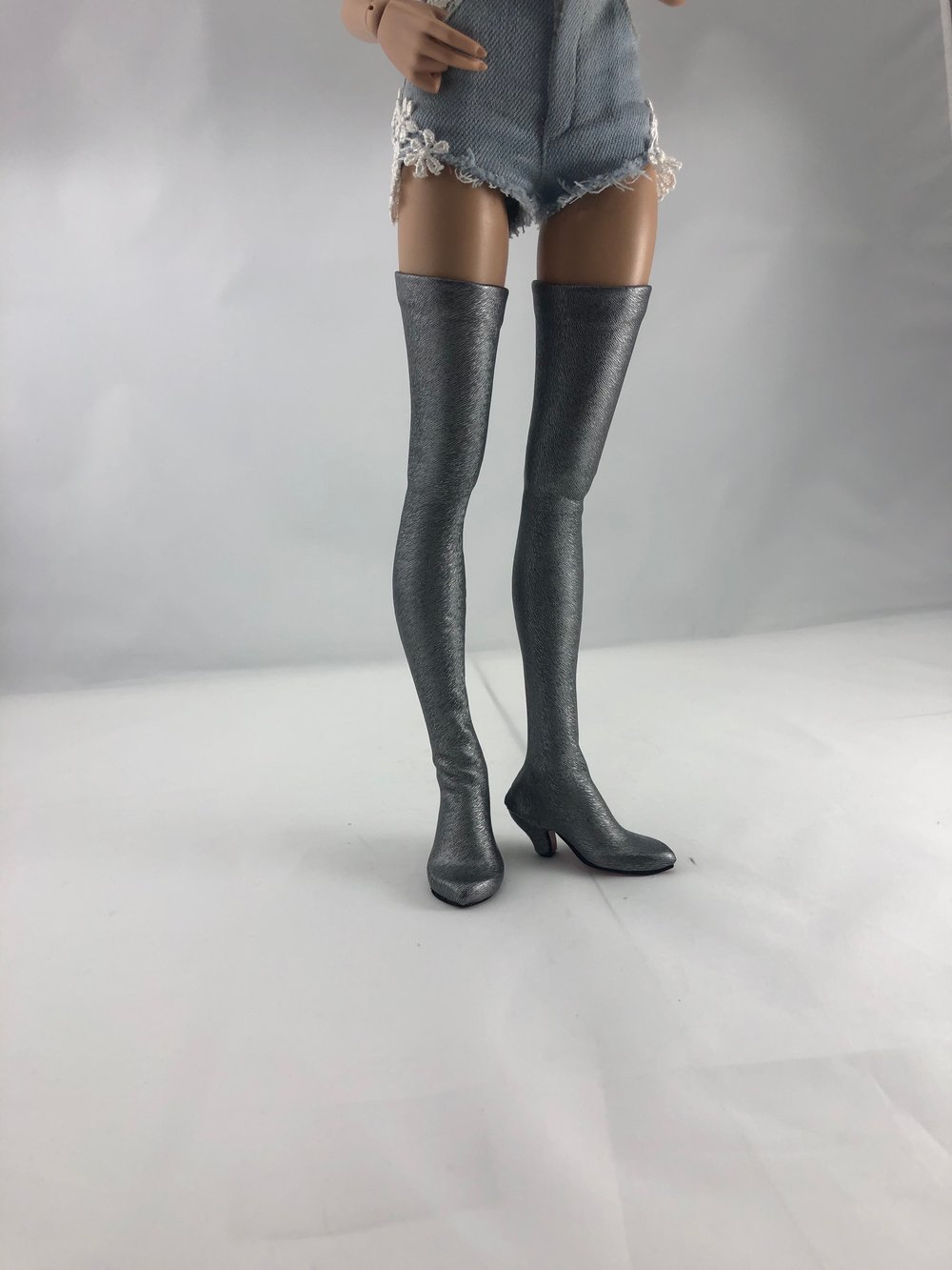 Brushed Silver Thigh High Boots Red Sole: Minifee