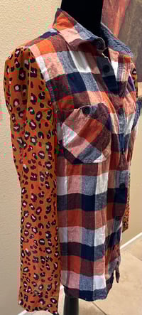 Image 4 of Vintage Funky Blue/White/Orange Flannel Shirt Leopard Print Sleeves 70’s Hippie Girl
