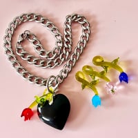 Image 3 of Chunky Black Glass Heart and Glass Rose Necklace