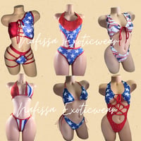Image 1 of Backless Crystal Bodysuit Red White and Blue 