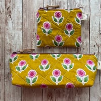 Image 1 of "Mustard & Pink Floral Block Print” Small OR Mini Quilted Zipper Bag