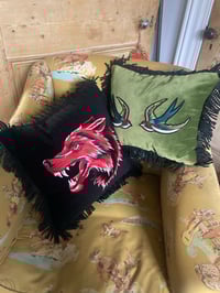 Image 8 of Red wolf black velvet with black tassel fringe cushion cover
