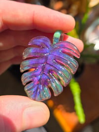 Image 1 of Purple & green crushed opal monstera leaf pendant 