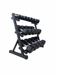 Image 2 of New pair of 5,10,15,20,25,30,35,40,45lb rubber dumbbells + rack.