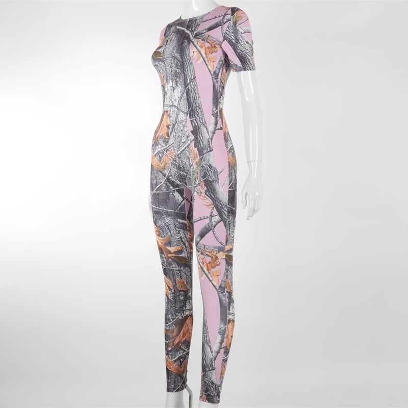 Image of Leaf print women’s jumpsuit o-Neck