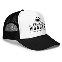 Image 8 of Brackish Wooder Foam Trucker Hat – Black Logo with Chesapeake Blue Crab | Snapback Mesh Cap