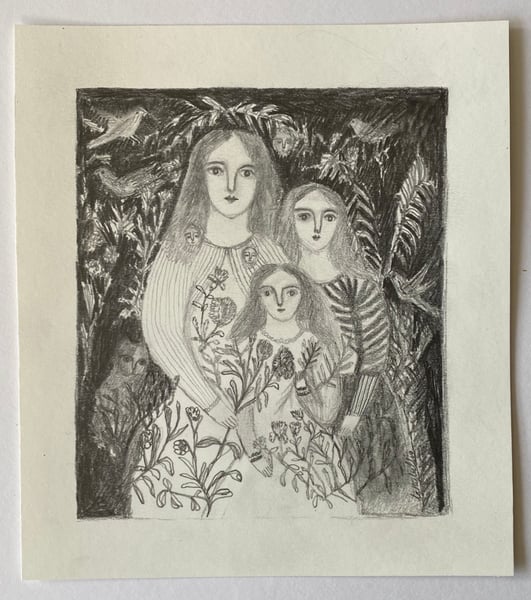 Image of family portrait in a wild garden - original drawing 