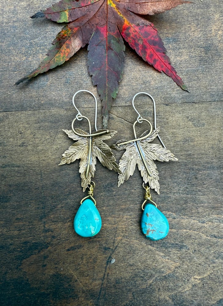 Image of Brass Japanese Maple Leaf Turquoise Earrings