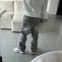 Image 4 of Y2K Retro Flare Jeans Washed Distressed Dollar Embroidery Denim Pants Men Trend Old Money Clean Stre