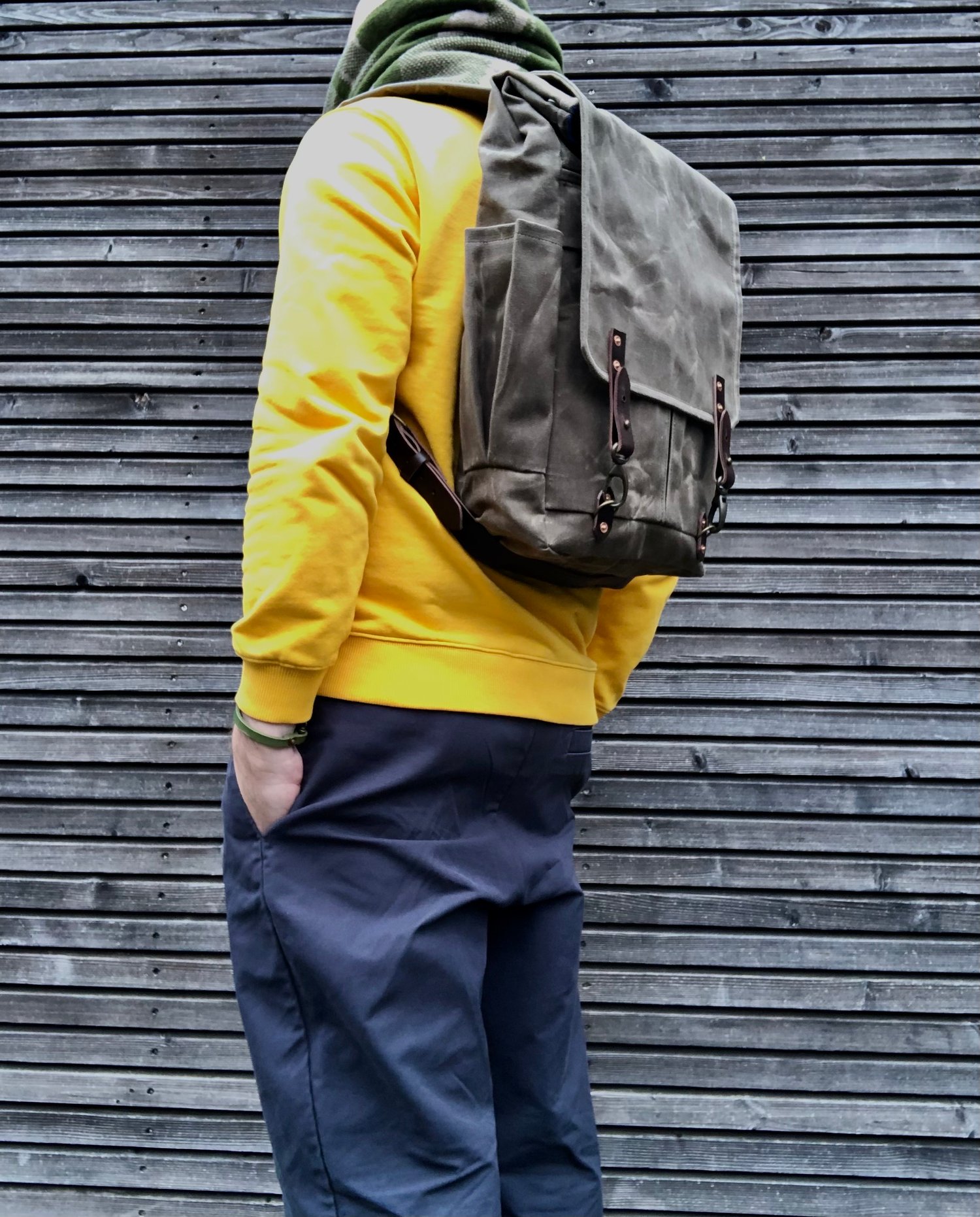Image of Waxed Canvas Backpack medium size / Hipster Backpack with closing flap and double bottle pocket
