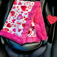 Image 2 of Bordered Pink and Red Heart Minky Infant Baby Blanket