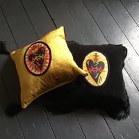 Image 4 of  Black sacred heart cushion cover  in gold cotton velvet fabric and black tassels